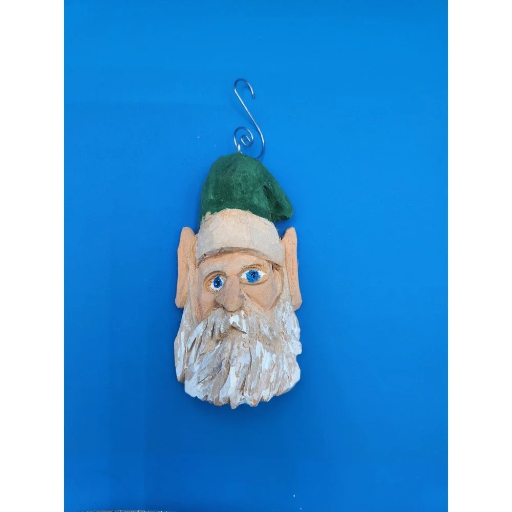 Hand Carved‎ Santa' s Elf Wooden Ornament Bass Wood